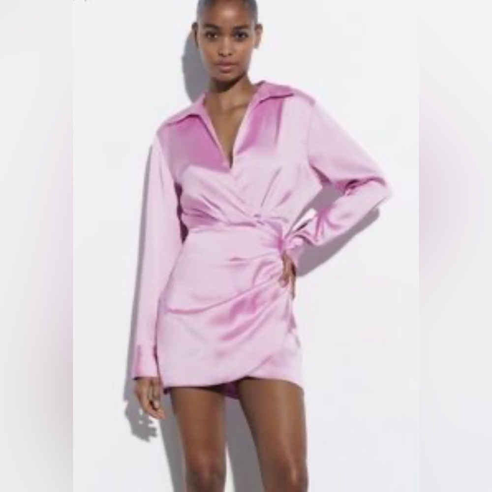 Zara Pink Jewel Tone Satin Effect Long‎ Sleeve Short Dress Sz M Balletcore